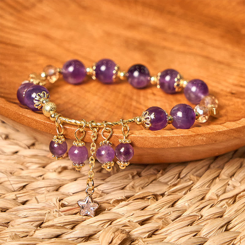Natural Amethyst & Copper Four-Leaf Clover Star Peace Charm Bracelet