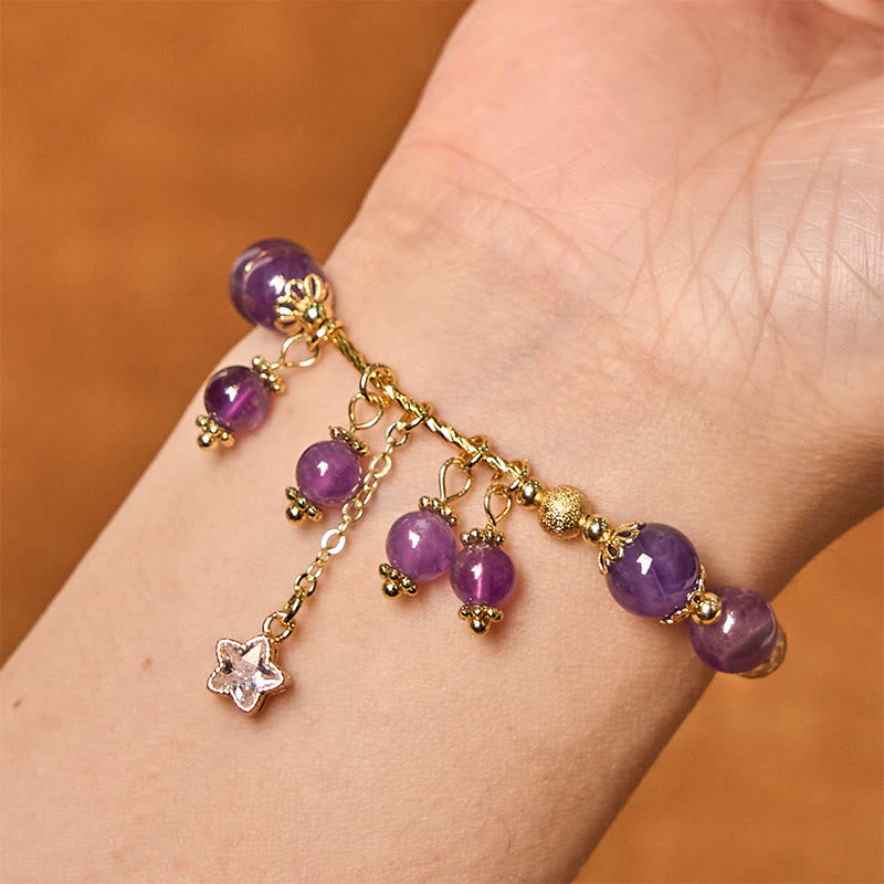 Natural Amethyst & Copper Four-Leaf Clover Star Peace Charm Bracelet