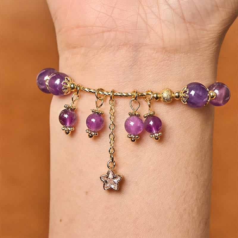 Natural Amethyst & Copper Four-Leaf Clover Star Peace Charm Bracelet