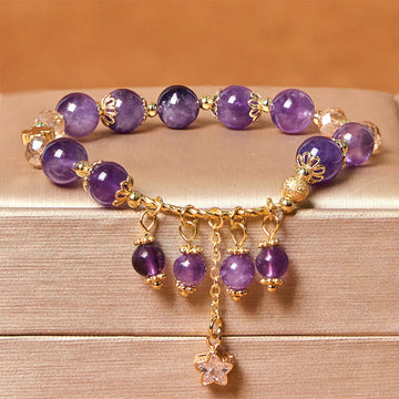 Natural Amethyst & Copper Four-Leaf Clover Star Peace Charm Bracelet