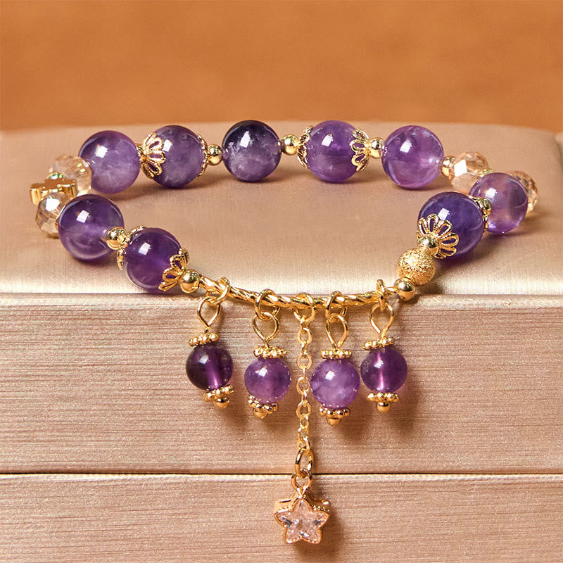 Natural Amethyst & Copper Four-Leaf Clover Star Peace Charm Bracelet