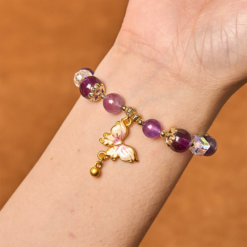 Natural Crystal Beaded Bracelet with Copper Butterfly Charm for Peace
