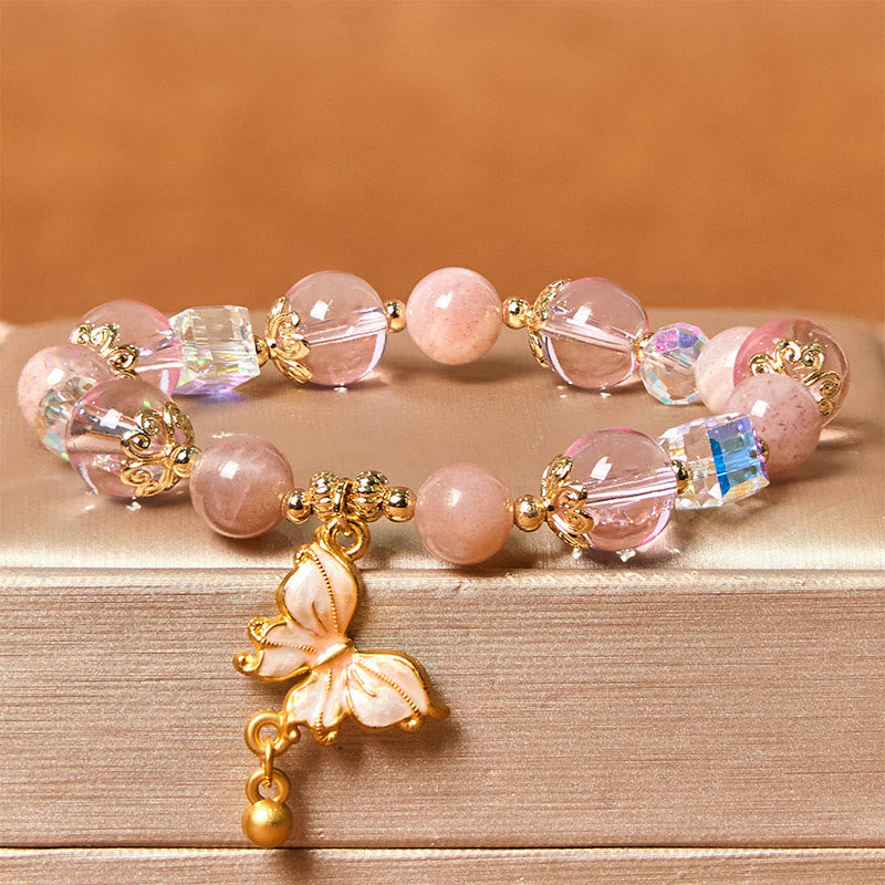 Natural Crystal Beaded Bracelet with Copper Butterfly Charm for Peace