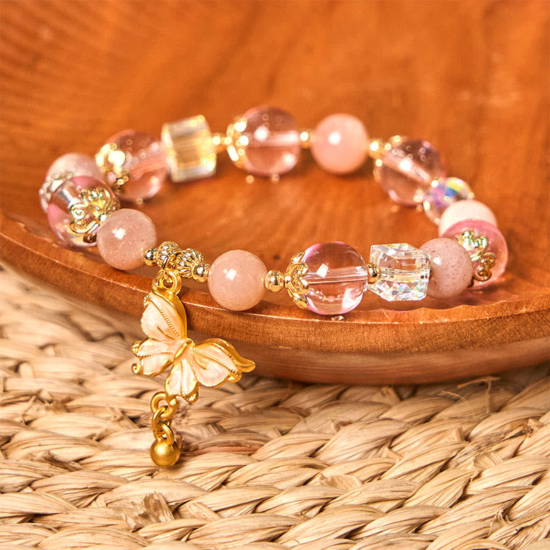 Natural Crystal Beaded Bracelet with Copper Butterfly Charm for Peace