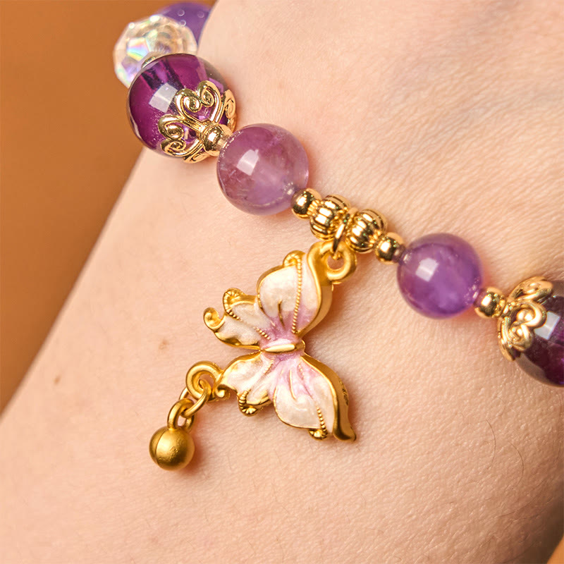 Natural Crystal Beaded Bracelet with Copper Butterfly Charm for Peace