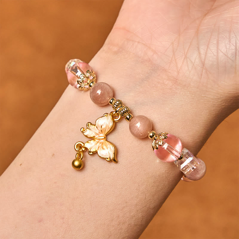 Natural Crystal Beaded Bracelet with Copper Butterfly Charm for Peace