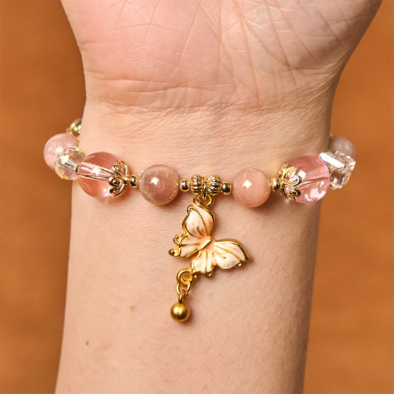 Natural Crystal Beaded Bracelet with Copper Butterfly Charm for Peace