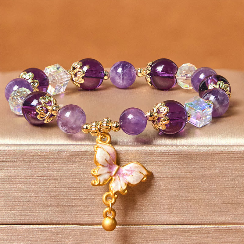 Natural Crystal Beaded Bracelet with Copper Butterfly Charm for Peace