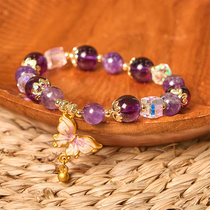 Natural Crystal Beaded Bracelet with Copper Butterfly Charm for Peace