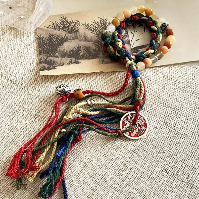 Double-Layer Red String Bracelet with Chalcedony, Cinnabar, Bagua, Taoist Talisman & Chinese Coin Tassel