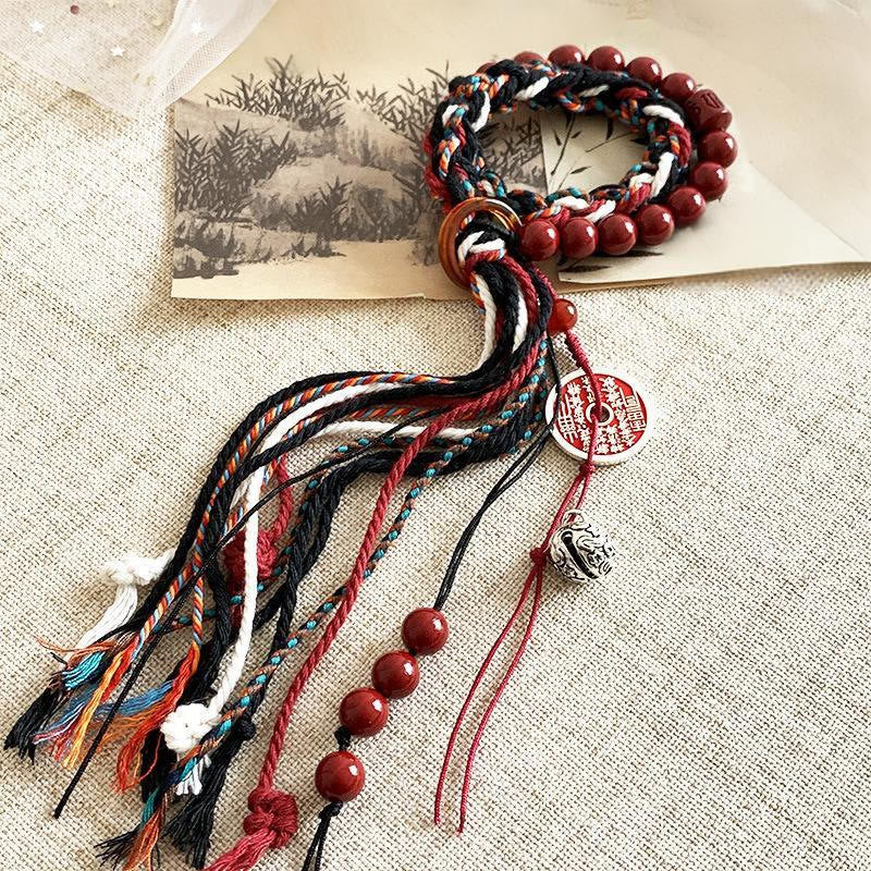 Double-Layer Red String Cinnabar Mountain Ghost Coin Bagua Taoist Talisman Tassel Bracelet