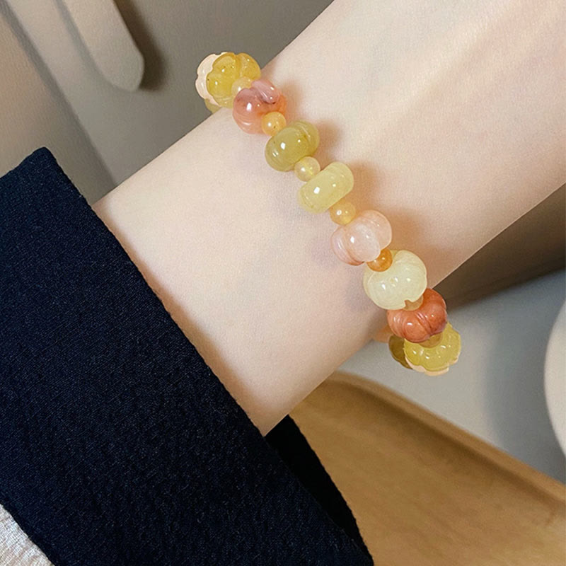 Natural Hand-Carved Golden Silk Jade Pumpkin Beaded Bracelet