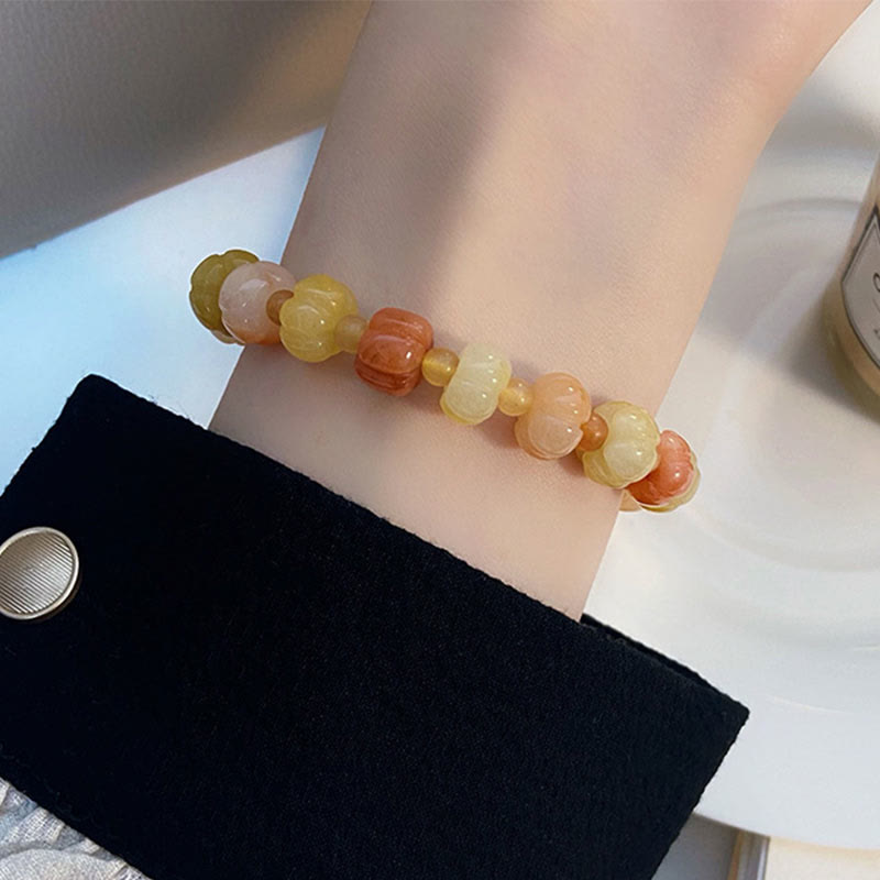 Natural Hand-Carved Golden Silk Jade Pumpkin Beaded Bracelet