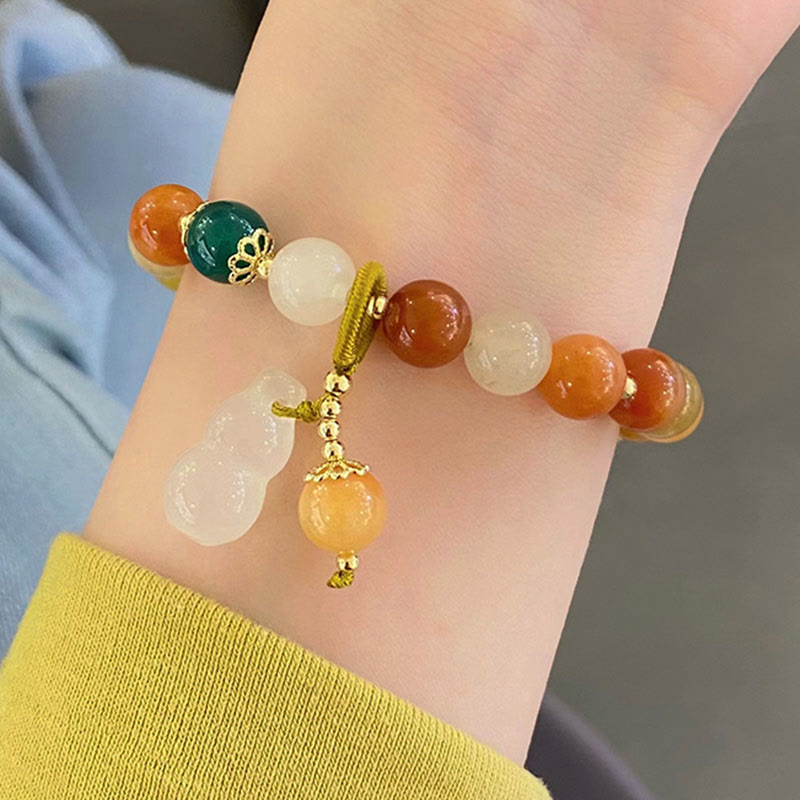Golden Silk Jade and White Agate Beaded Wu Lou Gourd Bracelet