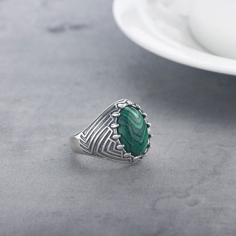 Vintage 925 Sterling Silver Oval Malachite Stone Ring