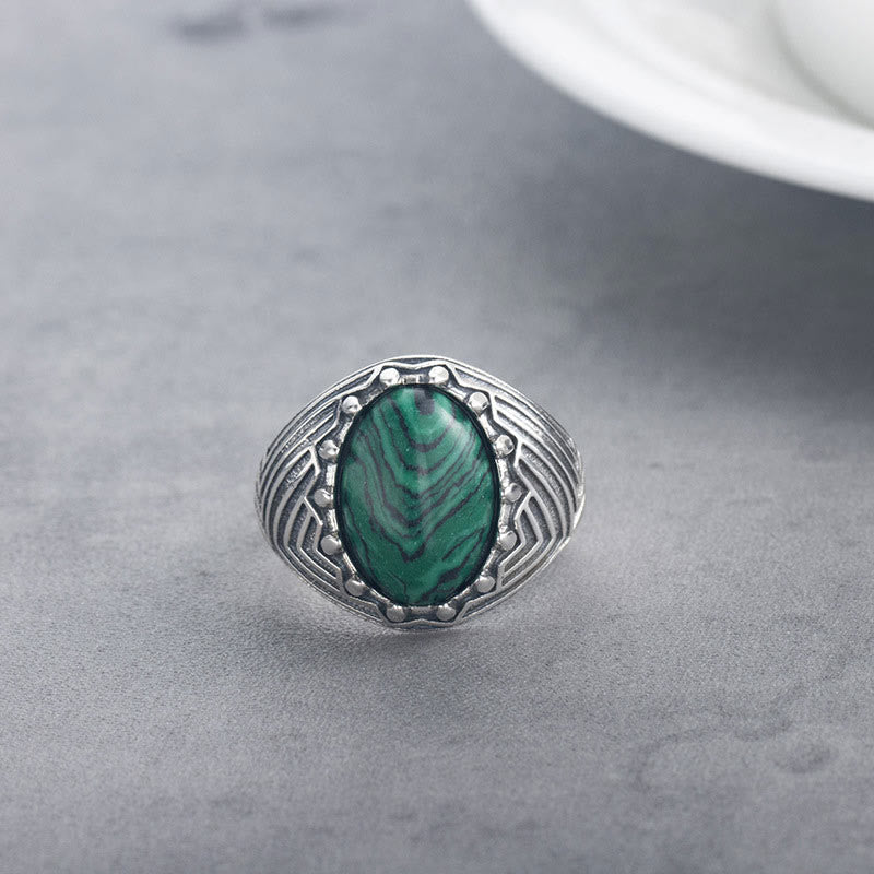 Vintage 925 Sterling Silver Oval Malachite Stone Ring