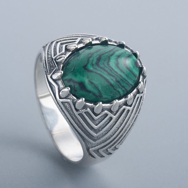 Vintage 925 Sterling Silver Oval Malachite Stone Ring