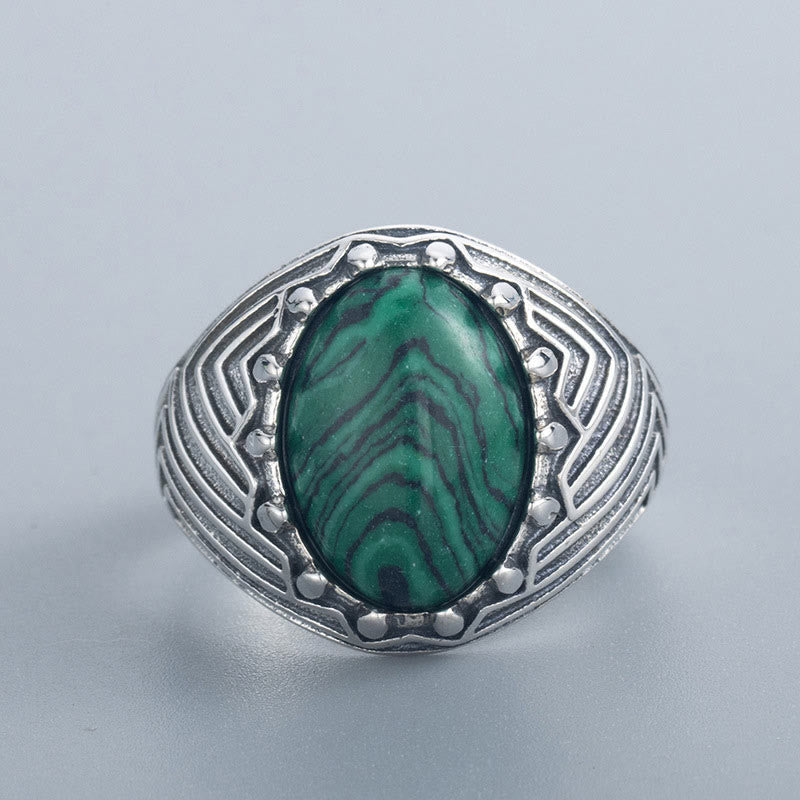 Vintage 925 Sterling Silver Oval Malachite Stone Ring
