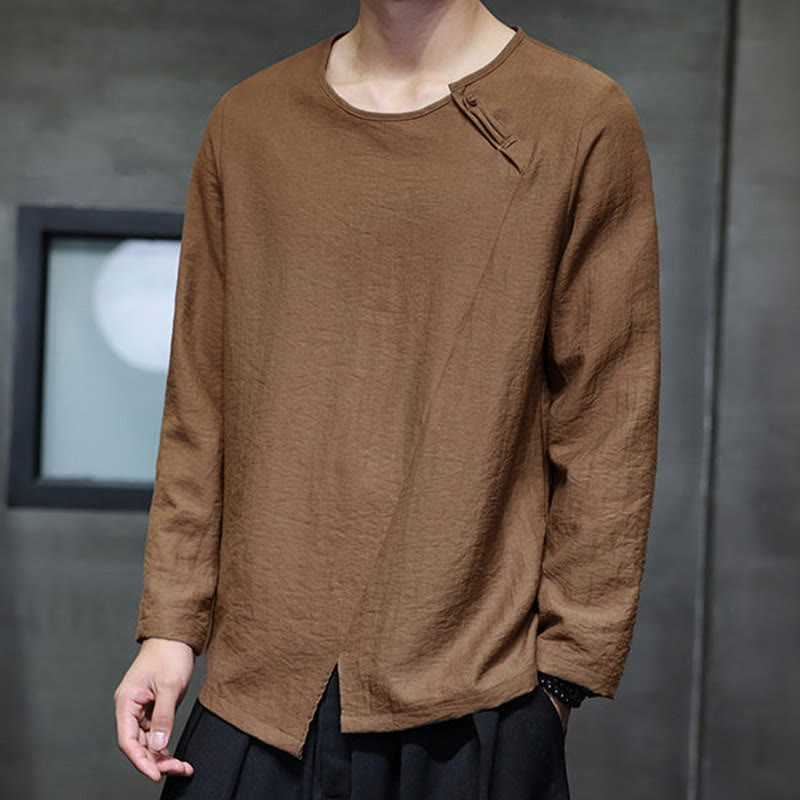 Solid Color Loose Long Sleeve Round Neck Cotton Men's Shirts