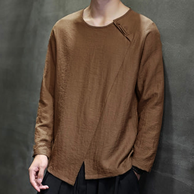 Solid Color Loose Long Sleeve Round Neck Cotton Men's Shirts