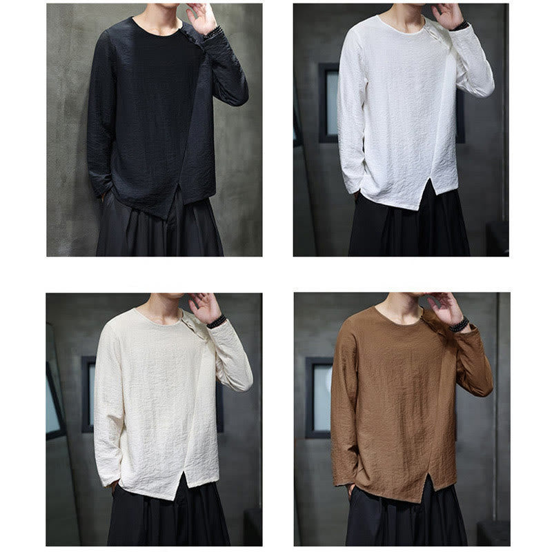 Solid Color Loose Long Sleeve Round Neck Cotton Men's Shirts
