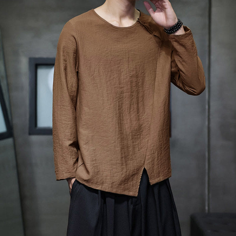 Solid Color Loose Long Sleeve Round Neck Cotton Men's Shirts