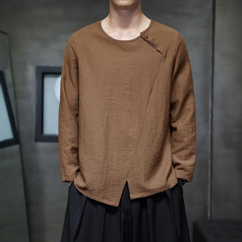Solid Color Loose Long Sleeve Round Neck Cotton Men's Shirts