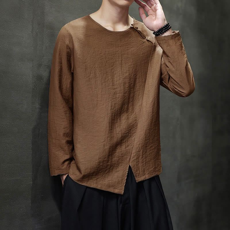 Solid Color Loose Long Sleeve Round Neck Cotton Men's Shirts