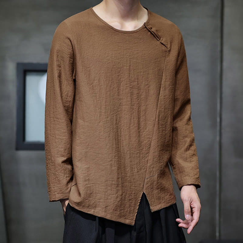 Solid Color Loose Long Sleeve Round Neck Cotton Men's Shirts