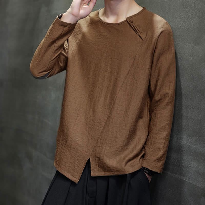 Solid Color Loose Long Sleeve Round Neck Cotton Men's Shirts