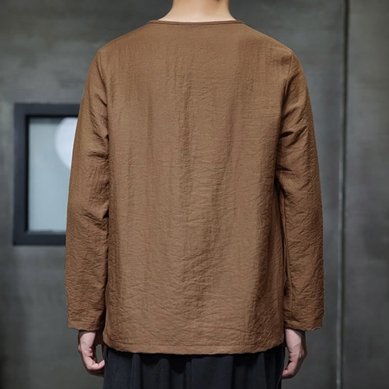Solid Color Loose Long Sleeve Round Neck Cotton Men's Shirts