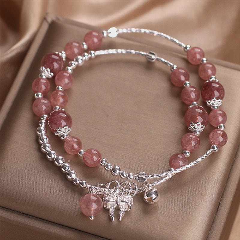 Natural Strawberry Quartz Double Wrap Bracelet with Bow-knot Rosette Charm