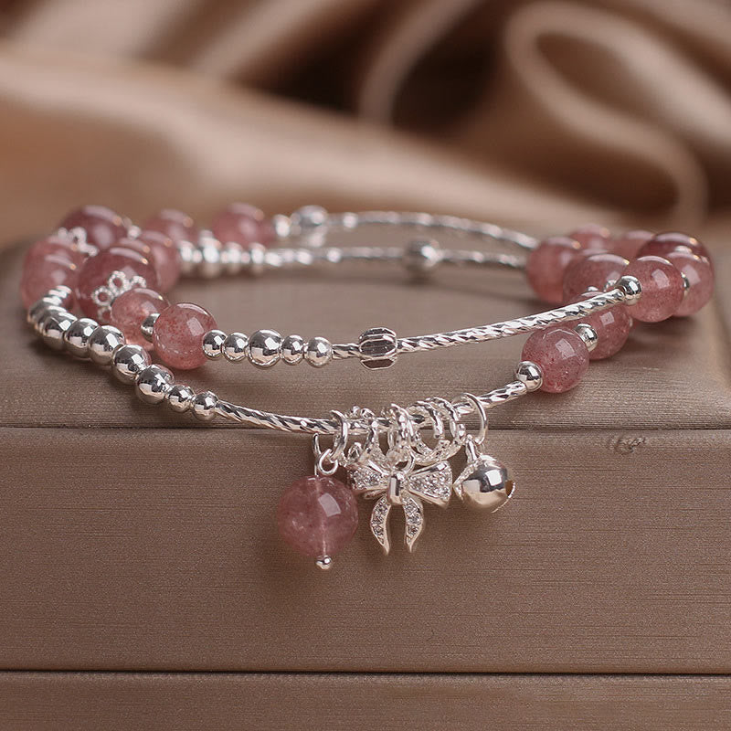 Natural Strawberry Quartz Double Wrap Bracelet with Bow-knot Rosette Charm