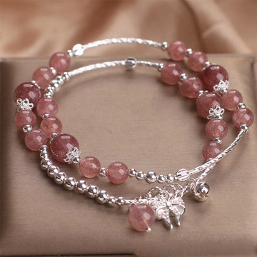 Natural Strawberry Quartz Double Wrap Bracelet with Bow-knot Rosette Charm