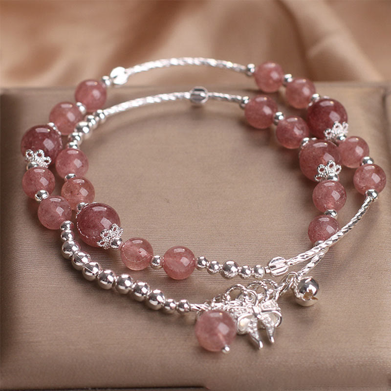Natural Strawberry Quartz Double Wrap Bracelet with Bow-knot Rosette Charm