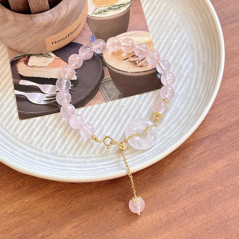 Adjustable Rose Quartz Beads with Ping An Kou Peace Buckle Bracelet