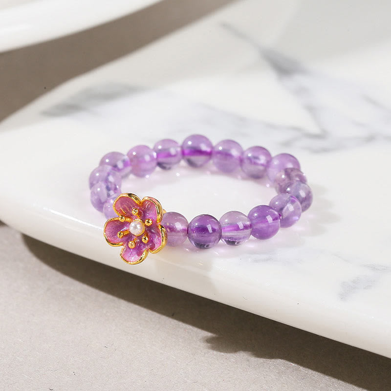 Delicate 3mm Amethyst Beaded Elastic Ring - Peach Blossom Style
