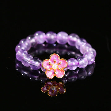 Delicate 3mm Amethyst Beaded Elastic Ring - Peach Blossom Style