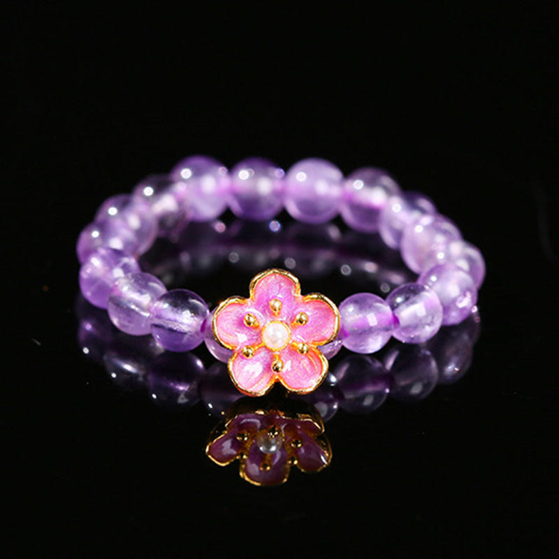 Delicate 3mm Amethyst Beaded Elastic Ring - Peach Blossom Style