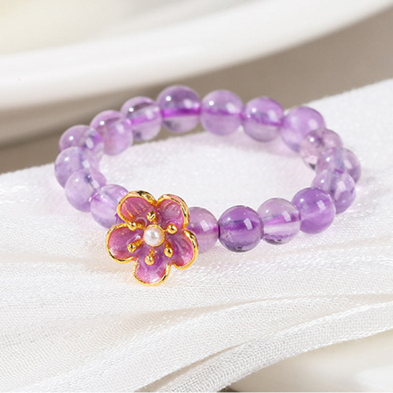 Delicate 3mm Amethyst Beaded Elastic Ring - Peach Blossom Style