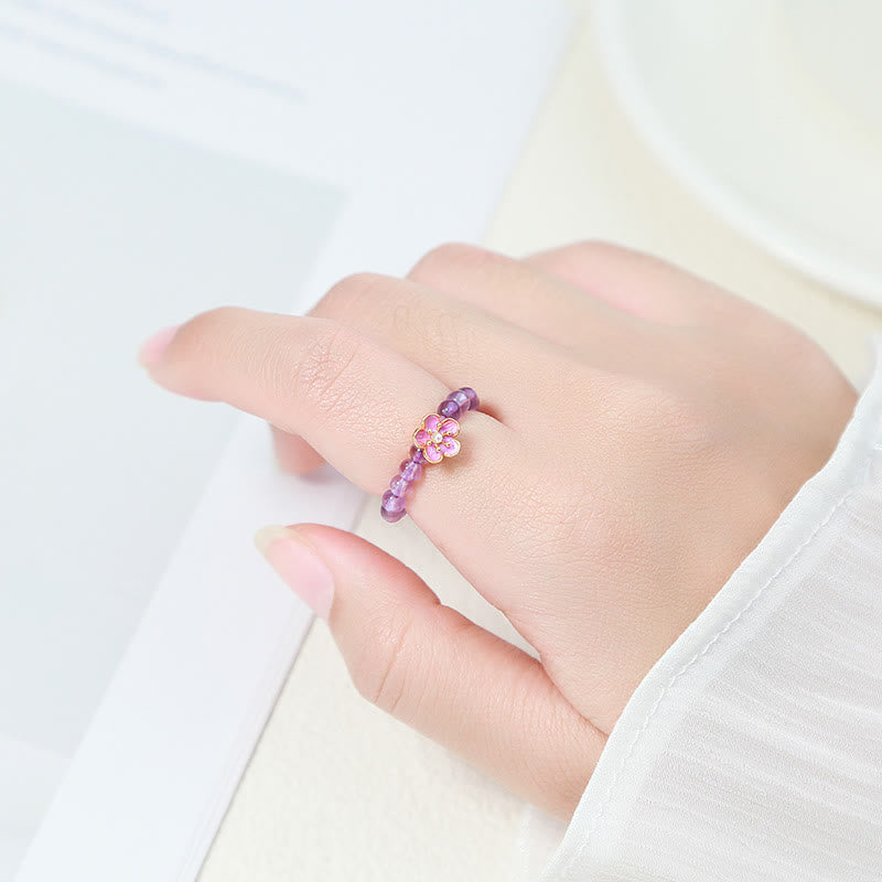 Delicate 3mm Amethyst Beaded Elastic Ring - Peach Blossom Style
