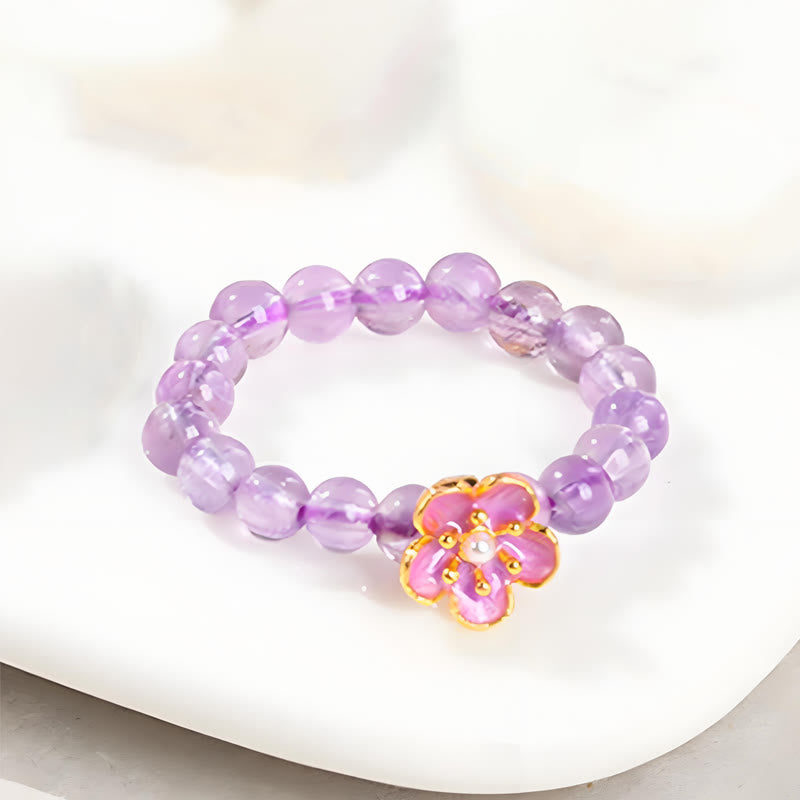 Delicate 3mm Amethyst Beaded Elastic Ring - Peach Blossom Style