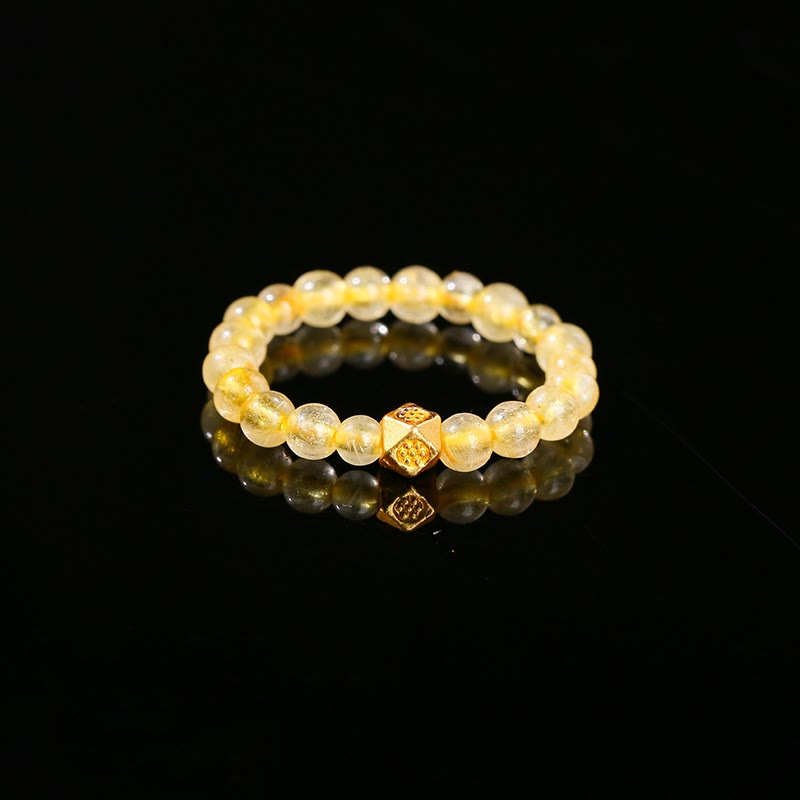 3mm Natural Golden Rutilated Quartz Beaded Elastic String Ring