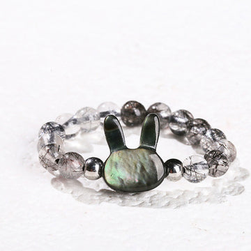 3mm Black Rutilated Quartz & Tridacna Beaded Elastic Ring with Rabbit or Cat Totem