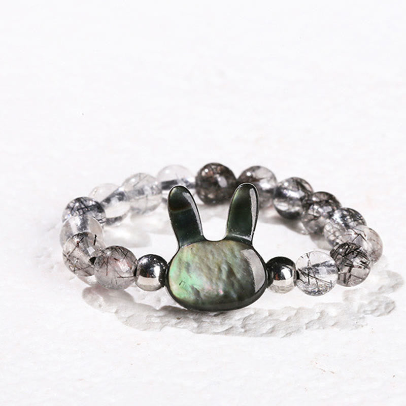 3mm Black Rutilated Quartz & Tridacna Beaded Elastic Ring with Rabbit or Cat Totem