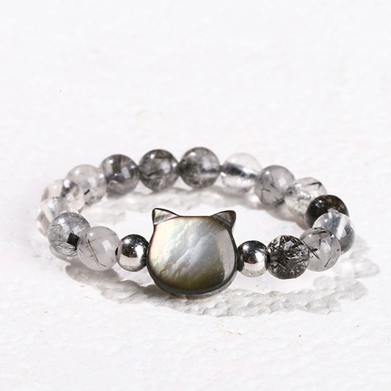 3mm Black Rutilated Quartz & Tridacna Beaded Elastic Ring with Rabbit or Cat Totem