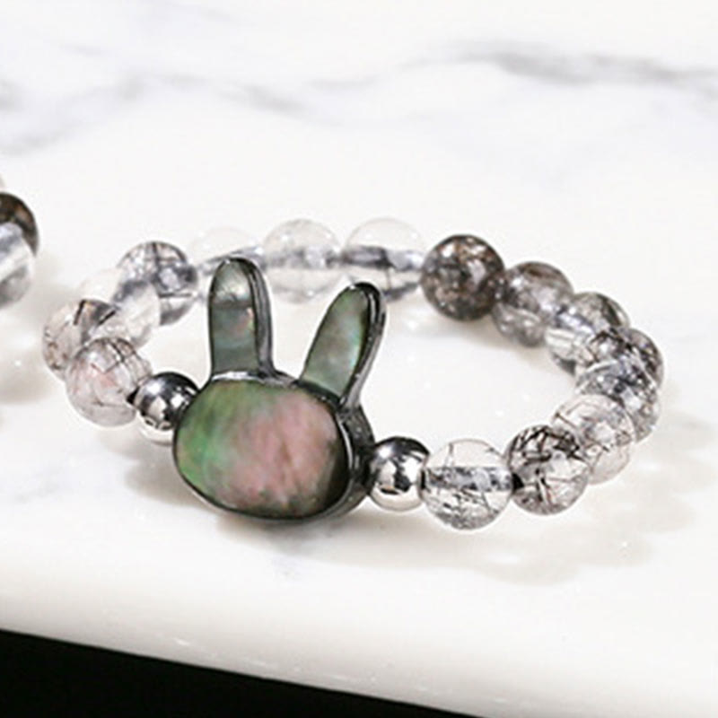 3mm Black Rutilated Quartz & Tridacna Beaded Elastic Ring with Rabbit or Cat Totem