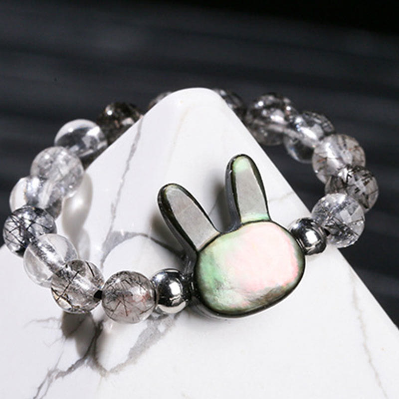 3mm Black Rutilated Quartz & Tridacna Beaded Elastic Ring with Rabbit or Cat Totem