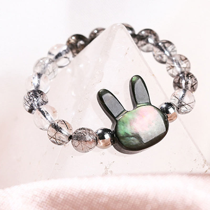 3mm Black Rutilated Quartz & Tridacna Beaded Elastic Ring with Rabbit or Cat Totem