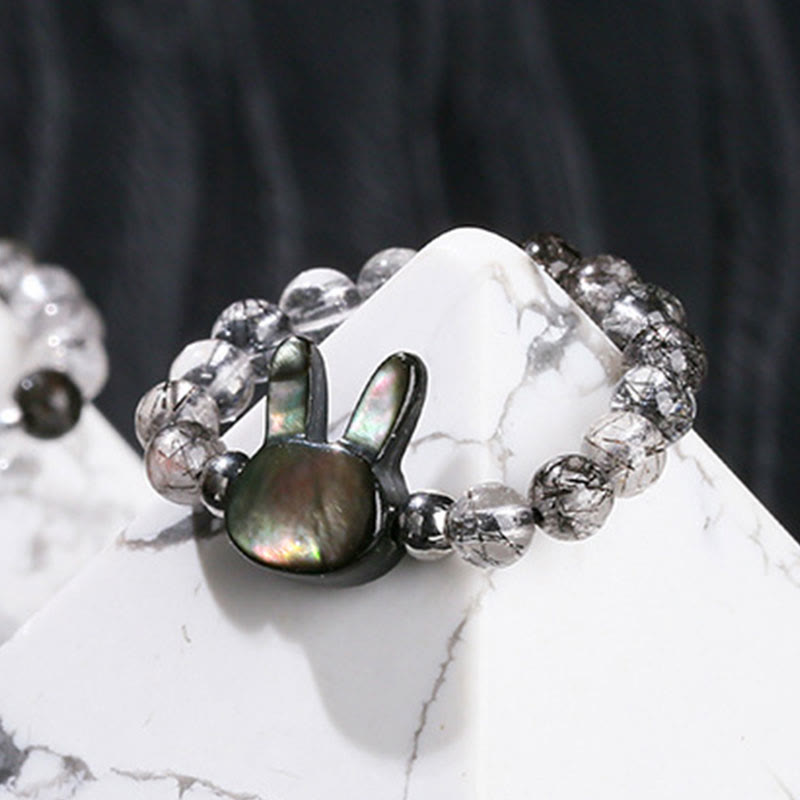 3mm Black Rutilated Quartz & Tridacna Beaded Elastic Ring with Rabbit or Cat Totem